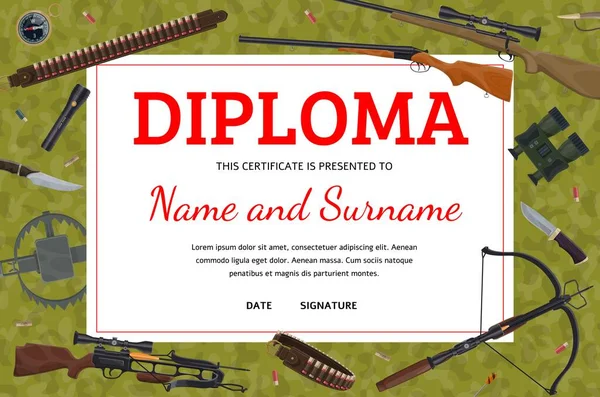 Avcı Diploması Malzemeleri Silah Kurşunlar Yaylı Tüfek Pusula Tuzak Boynuz — Stok Vektör