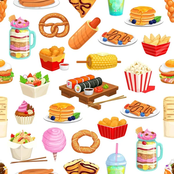 Cartoon Fast Food Bezproblémový Vzor Vektorové Pozadí Vaječného Hamburgeru Hot — Stockový vektor