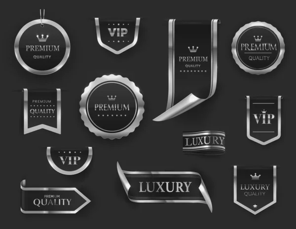 Серебряные Ярлыки Баннеры Набор Векторных Печатей Медалей Знаков Отличия Сертификатов — стоковый вектор