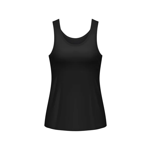 女性の黒い袖のないタンクトップフロントビュー 絶縁ベクトルリアルな3D女性のシャツやスポーツレーサーバックシングルテンプレート 衣服下着のモックアップ — ストックベクタ