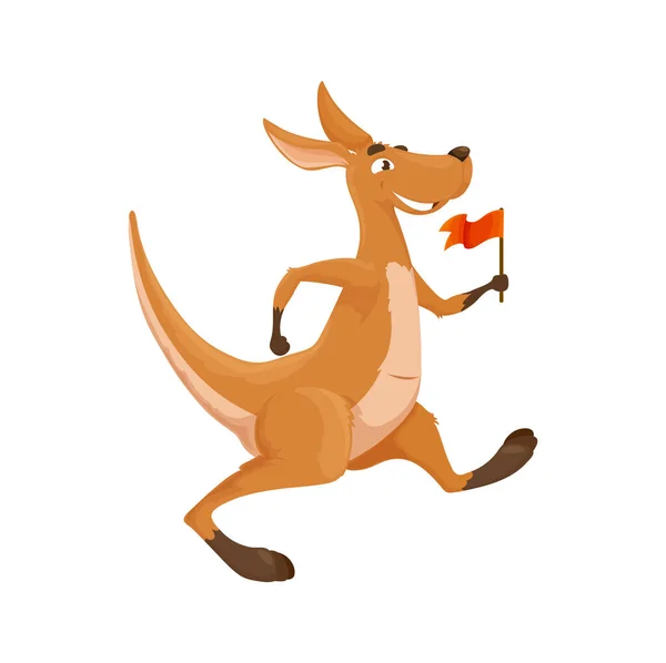 ペナント付きの漫画カンガルー文字 隔離されたベクトルオーストラリアの動物のワラビー面白い性格は 手に赤い旗で歩く 笑顔の漫画ワラルー哺乳動物 オーストラリアの動物園の野生動物 — ストックベクタ