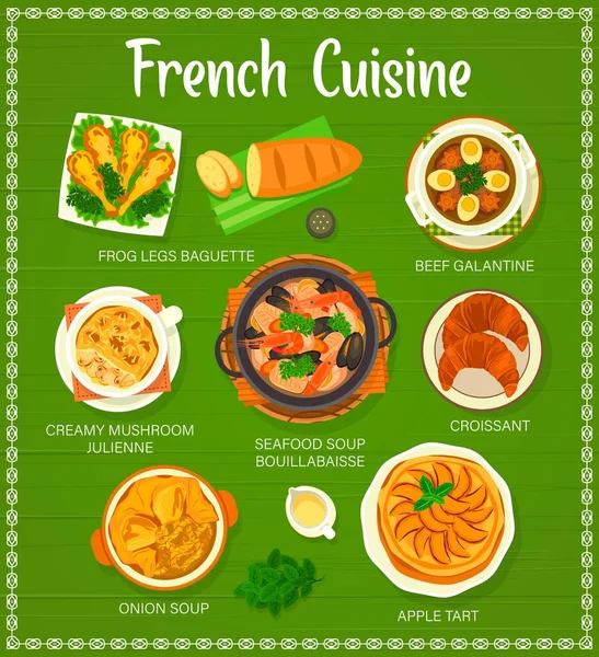Franse Keuken Menu Voor Restaurant Lunch Diner Gerechten Van Frankrijk — Stockvector