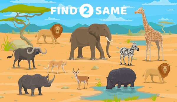 Find two same african savannah animals. Vector worksheet with zebra, rhino, buffalo, lion or hippo. Antelope, cheetah, elephant or giraffe cartoon characters. Kid game for visual cognition development