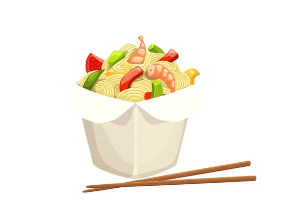卡通面盒配以筷子 向量外卖的中餐快餐 用亚洲海鲜面食 面或意大利面 蔬菜和大虾等外卖的白纸盒 — 图库矢量图片