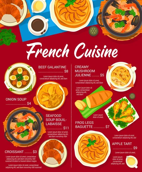 French Cuisine Menu France Food Dishes Meals Vector Gourmet Lunch — Stock Vector