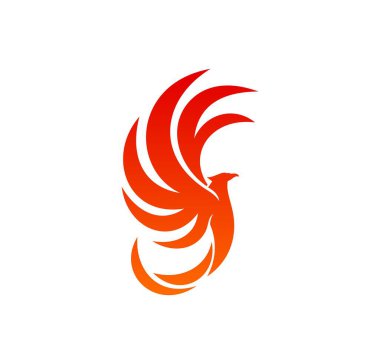 Phoenix, peri alev kuşu ikonu. Şirket vektör amblemi alevli peri hayvan, fantezi ateş kuşu veya sihirli kuş. Uçan kartal kırmızı dövme, sonsuzluk, özgürlük ve ruhun soyut sembolü