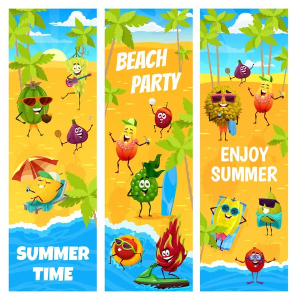 Cartoon Φρούτα Χαρακτήρες Στις Καλοκαιρινές Διακοπές Πάρτι Στην Παραλία Διάνυσμα — Διανυσματικό Αρχείο
