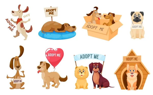 Υιοθετήστε Σκυλί Ζώα Συντροφιάς Πινακίδες Υιοθεσίας Άστεγους Σκύλους Και Καταφύγιο — Διανυσματικό Αρχείο