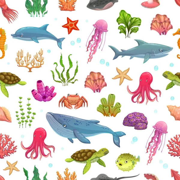Desenhos Animados Animais Subaquáticos Algas Peixes Corais Sem Costura Padrão — Vetor de Stock
