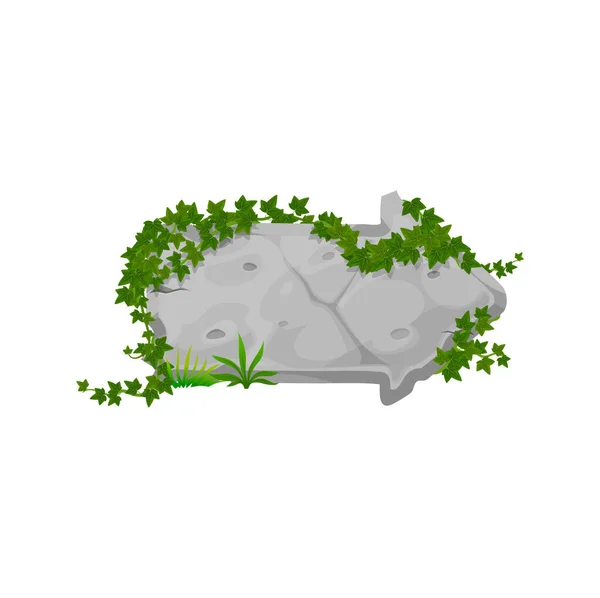 ツタの葉 緑の花の装飾と石の漫画 ベクトルサインボード不気味なツタの葉 割れた岩花崗岩プレートクリーパー ゲームUi要素 — ストックベクタ