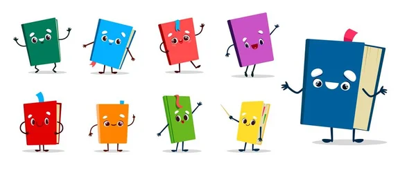 Cartoon Leerboek Notebook Bestseller Boek Personages Vector Emoji Glimlach Schoolbibliotheek — Stockvector