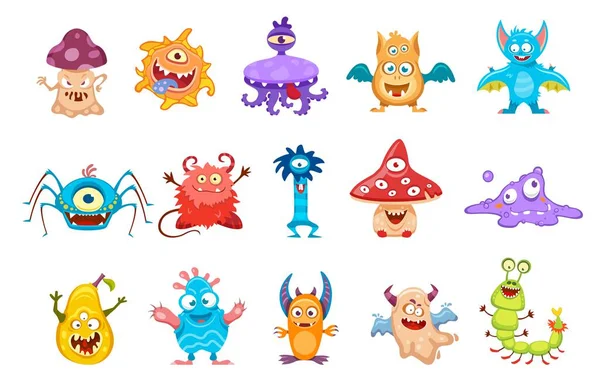 Monsters Cartoon Cute Funny Characters Alien Animals Happy Face Vector — Stock Vector