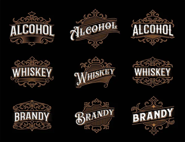 Tradiční Etikety Alkohol Whisky Brandy Odznak Vzkvétají Ozdoby Řemeslné Alkoholické — Stockový vektor