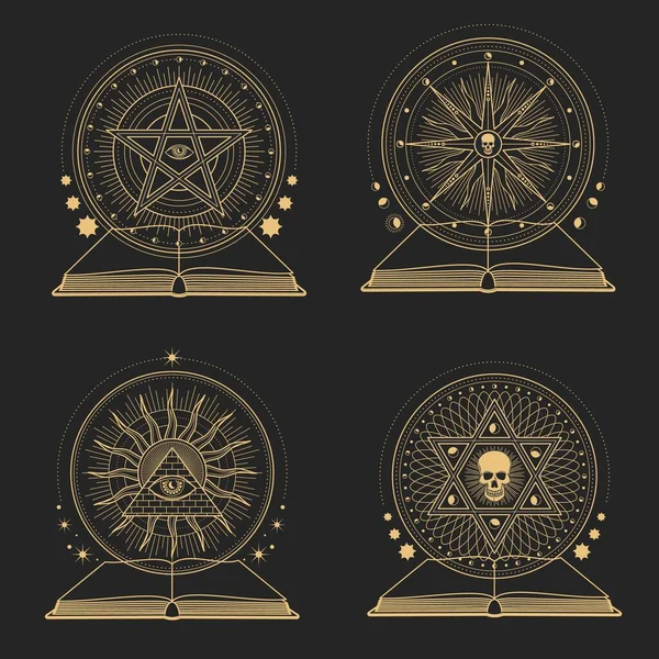 神秘和神秘的魔法符号与书籍 撒旦五芒星隐秘的炼金术符号 恶魔五芒星隐秘的石灰矢量符号与金字塔 都能看见眼睛和头骨 大卫之星和太阳 — 图库矢量图片