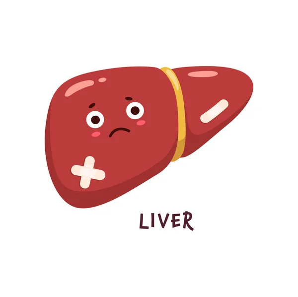 肝臓病 体の臓器の文字が負傷または不健康な 漫画のベクトルの性格 脂肪肝疾患や肝疾患感染症 肝炎や肝硬変に医療パッチと不健康な悲しい肝臓 — ストックベクタ