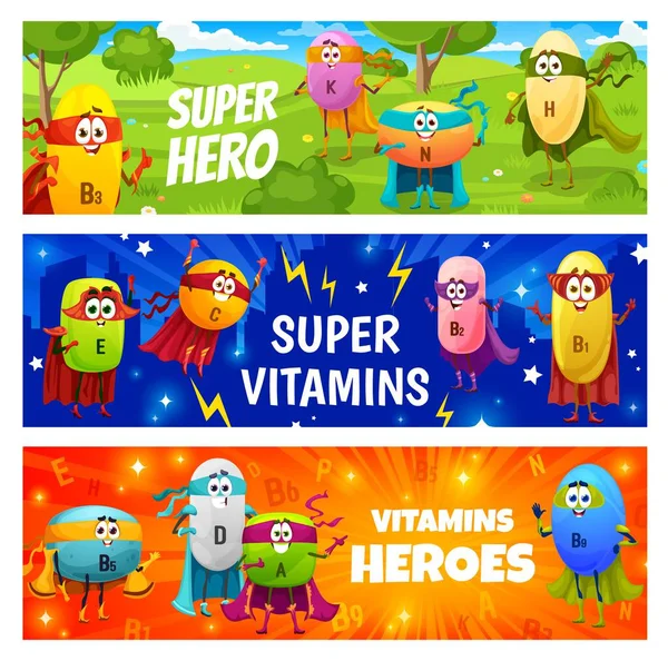 Dibujos Animados Personajes Vitaminas Superhéroe Feliz Banderas Vectoriales Con Suplementos — Archivo Imágenes Vectoriales