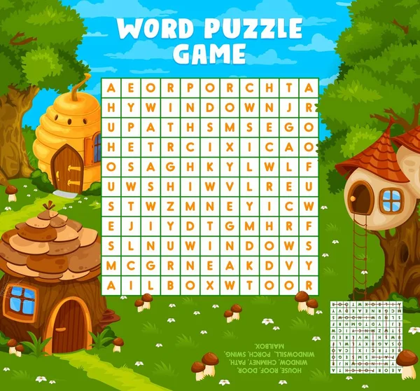 Fairytale Cartoon Houses Word Search Puzzle Game Worksheet Quiz Pour — Image vectorielle
