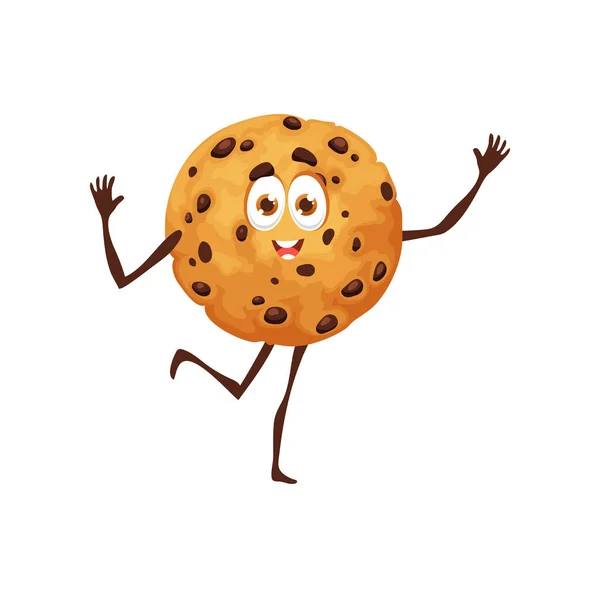 チョコレートチップと漫画のクッキー面白い文字 笑顔と腕を振って大きな目を持つ隔離されたベクトルビスケットベーカリーおとぎ話の登場人物 フレッシュペストリー クリスピーチョコピースとデザート — ストックベクタ