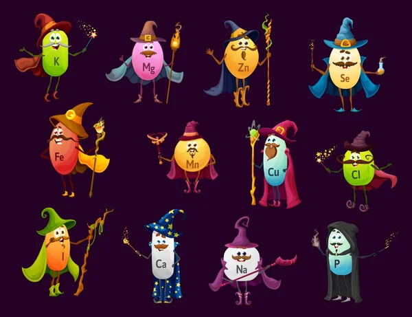 Cartoon Wizard Mage Magician Sorcerer Minerals Characters Micronutrients Vector Personages — Stock Vector