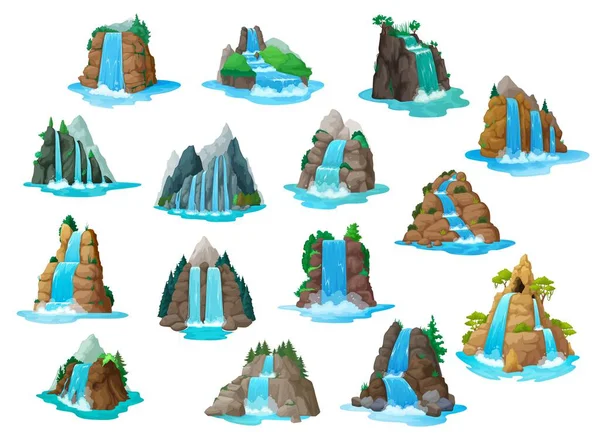 滝や水のカスケード 漫画のレベルのためのゲーム資産 ベクトルGuiの自然景観 山の川や島の岩の丘 ファンタジーゲーム資産の森の湖からの滝やカスケード — ストックベクタ