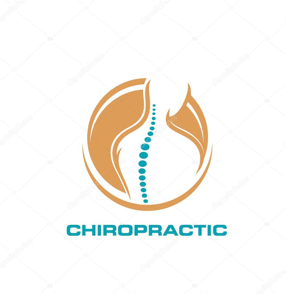 Chiropractic icon, physiotherapy, spine, back pain, body health and massage therapy. Vector silhouette of human figure with abstract bones of sine and neck isolated round symbol of chiropractor clinic