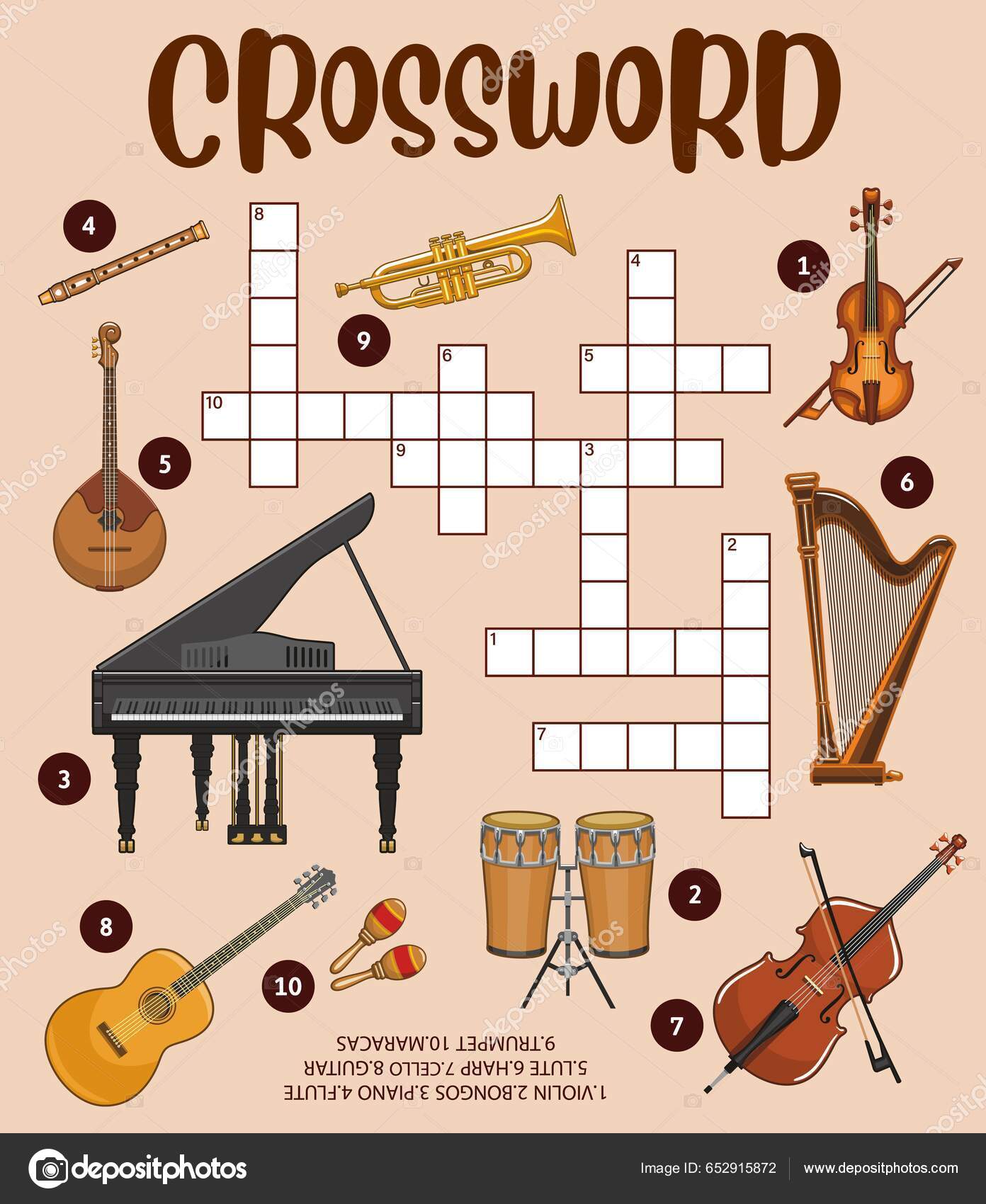 乐器纵横拼图工作表矢量文字测验游戏网格音乐教育谜语与卡通吉他小提琴和竖琴马币和琵琶大提琴和邦戈鼓图库矢量图©VectorTradition  652915872