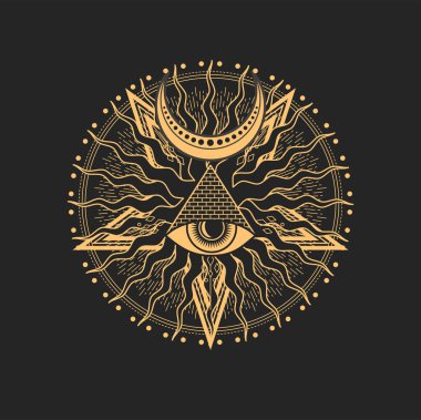 Mısır piramidinin içinde, güneş ışınları ve hilal ile birlikte, Tanrı 'nın Gözü' nün esrarengiz okült mason sembolü. Masonik ya da illuminati ruhani sembolik, okültizm simya da tarot işareti