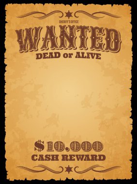 Western pankart istedi. Ölü ya da diri, klasik poster. Vahşi Batı çetesi veya suç araması, silahlı soyguncu aranıyor ve şerif grunge özgeçmişi veya grunge vektör afişini kağıt dokusuyla ödüllendiriyor