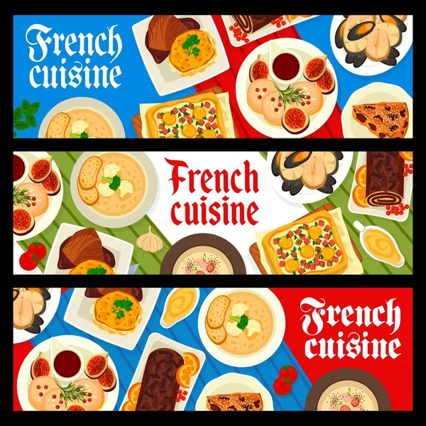 French Cuisine Banners France Gourmet Food Dishes Dinner Lunch Vector — Stock Vector