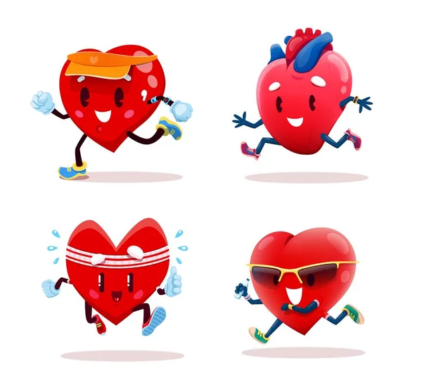 フィットネストラッカー 心臓スポーツや健康ベクトルのアイコンと漫画のランニングハートキャラクター 健康的な心臓のランニングやマラソンでのジョギング 心血管運動や心臓の健康のための心臓活動 — ストックベクタ