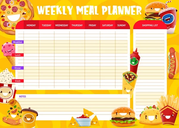 Weekly Meal Planner Funny Cartoon Takeaway Fast Food Characters Vector — Stock Vector