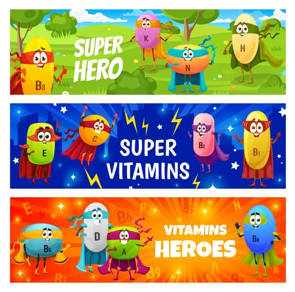 漫画幸せなスーパーヒーロービタミン文字 栄養補助食品B3 B5またはD B9カプセルを備えたベクトルバナー 超自然的な力を持つ子供の栄養の人 — ストックベクタ