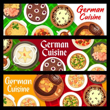 Alman mutfağı yemek afişleri. Kara Orman keki, sosis ve peynir fondü, gulaş, patates sosisi birası çorbası ve bavyera ekmeği çorbası, böbrek Eintopf, patates turtası ve noel pastası.