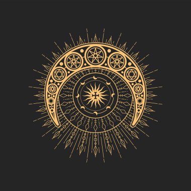 Hilal, ay, yıldızlar ve güçlü çapraz büyücülük sembolü, sihirli tarot işareti. Daire ve güneş ışınlarıyla kutsanmış vektör haçı. Din muskası, dövme tasarımı.