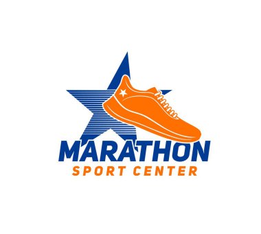 Koşu sporu ikonu. Maraton koşu şampiyonluğu, spor müsabakası ya da formda yarış vektörü amblemi. Koşu kulübü, spor ayakkabıları mağazası ikonu ya da spor ayakkabısı ile imza.
