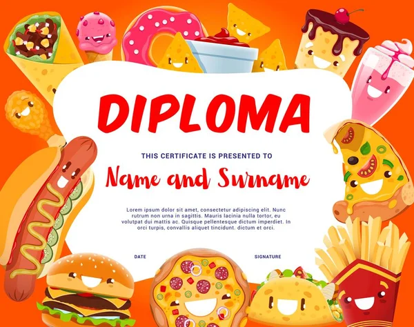 Bambini Diploma Cartoni Animati Allegri Personaggi Fast Food Cartoon Vector — Vettoriale Stock