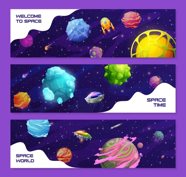 Cartoon Galaxy Space Banners Fantasy Ufo Spacecraft Alien Planets Vector — Stock Vector