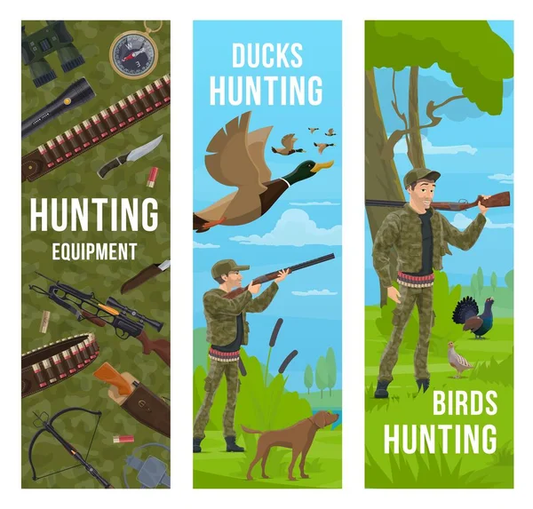 Hunting Sport Equipment Animals Cartoon Hunter Gun Dog Vector Banners — Stock Vector