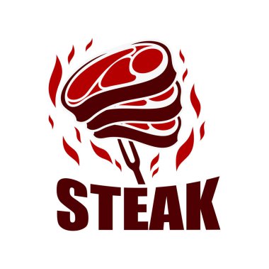 Biftek ızgara barbekü ikonu, çatal ve ateşte et, kasap eti ve şef barbeküsü, vektör işareti. Et lokantası ya da biftek barı menüsü, kasaplık ikonu için kemikli çiğ et.