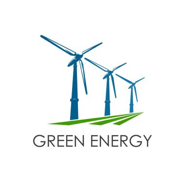 Rüzgar türbini yeşil temiz enerji ikonu. Yenilenebilir ekolojik güç teknolojisi için vektör amblemi. Yenilikçi doğa dostu alternatif elektrik kaynakları. İzole edilmiş yel değirmeni sürdürülebilir enerji sembolü