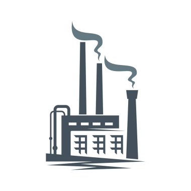 Enerji endüstrisi imalatının fabrika ikonu, vektör silueti. Gaz, petrol ve kömür üretim fabrikası binası, petrokimyasal enerji, nükleer veya kimya endüstrisi ve ağır metalurji santral sembolü