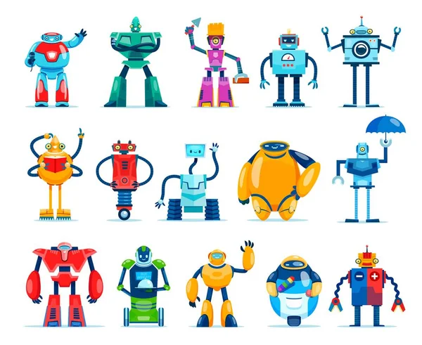 Personnages Robots Bande Dessinée Androïdes Machines Cyborg Robotisées Jouets Vectoriels — Image vectorielle