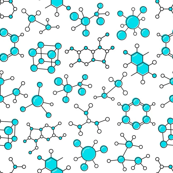 科学と医学の分子アイコンシームレスなパターン 化学と生物学のベクトルの背景 バイオ細胞 青色六角形 立方体及び円モデルの細い線型分子構造及び化学式 — ストックベクタ