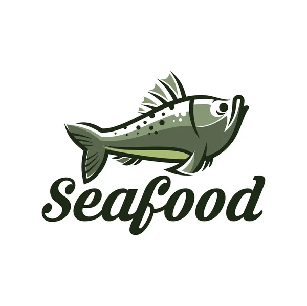 魚のシーフードアイコン レストランやバーの海の食品メニュー 釣り会社やシーフード店のベクトルアイコンやシンボル 新鮮な魚市場の紋章や緑のハタの海や海の魚と標識 — ストックベクタ