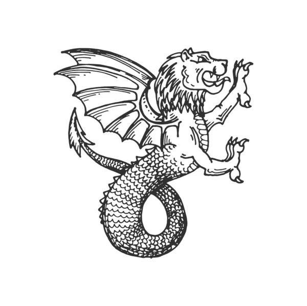 Heráldica Medieval Dibujo Del Dragón León Animal Con Alas Emblema — Vector de stock