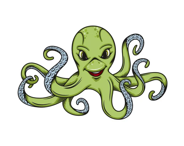 卡通章鱼 可爱的海水动物性格 矢量绿色章鱼 笑容满面 触手和蓝色吸盘 海洋怪物 动物园水族馆 海洋野生动物主题的滑稽人物 — 图库矢量图片