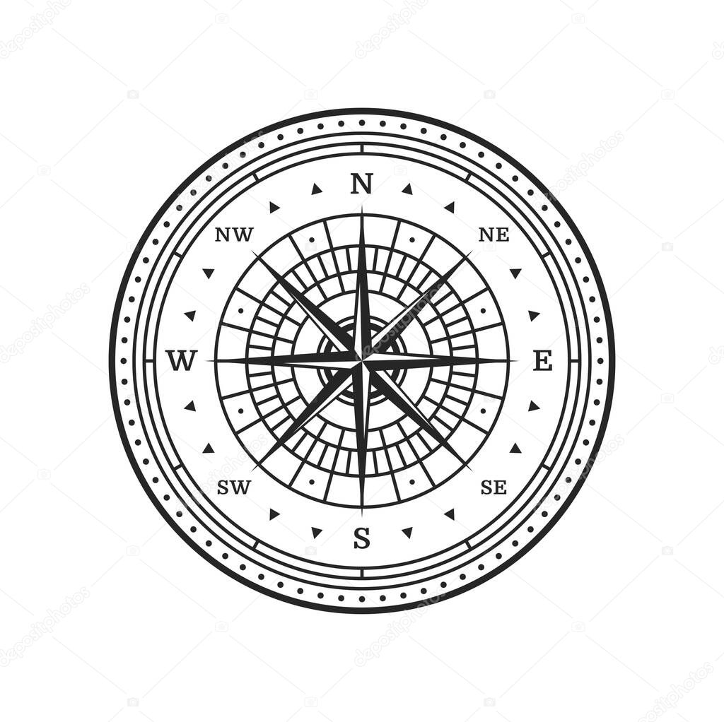 Old compass. Vintage map wind rose with vector north star, west, east and south direction arrows. Nautical adventure, travel and cartography sign with antique marine navigation compass windrose