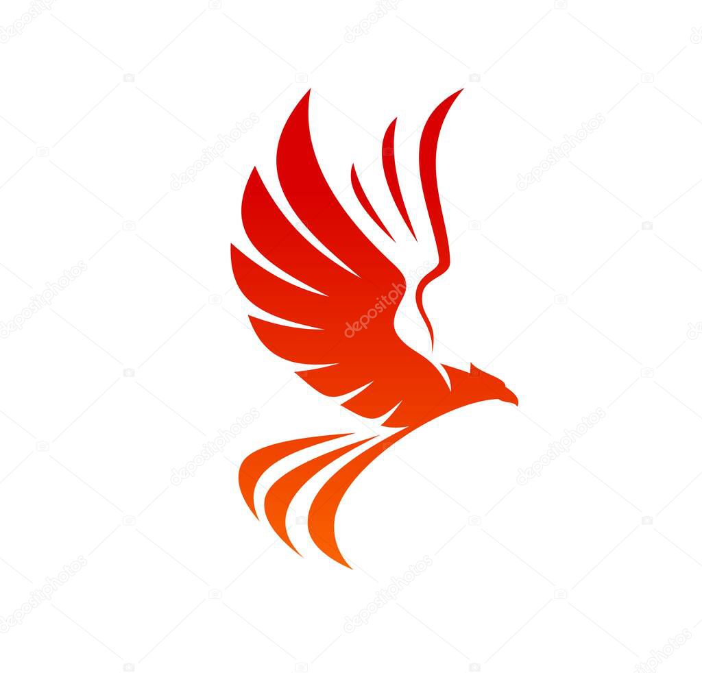Phoenix bird icon, fire eagle emblem or flying falcon vector silhouette. Phoenix firebird tattoo or mascot symbol for luxury company, fashion brand or business identity sign of red phoenix bird