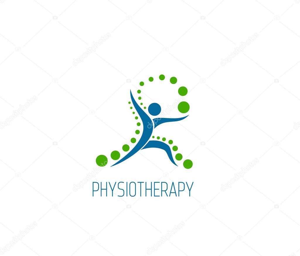 Physiotherapy icon of spine, back pain and body health, chiropractic massage and therapy. Vector symbol of abstract human figure dancing, doing sport exercises with green balls. Physical therapy sign