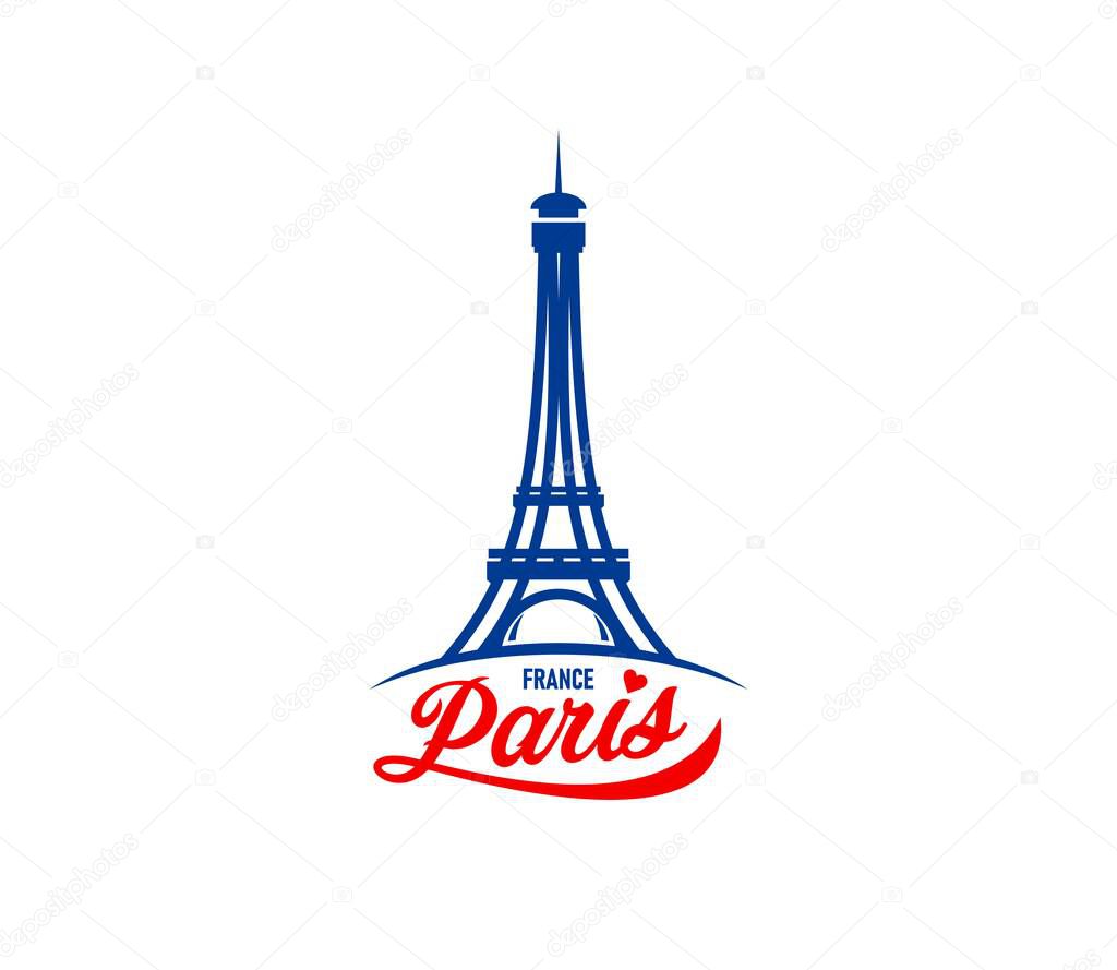 Paris Eiffel tower simple emblem. Europe famous architecture, french city Eiffel tower or France historic landmark vector icon. Paris romantic journey monument emblem or sign